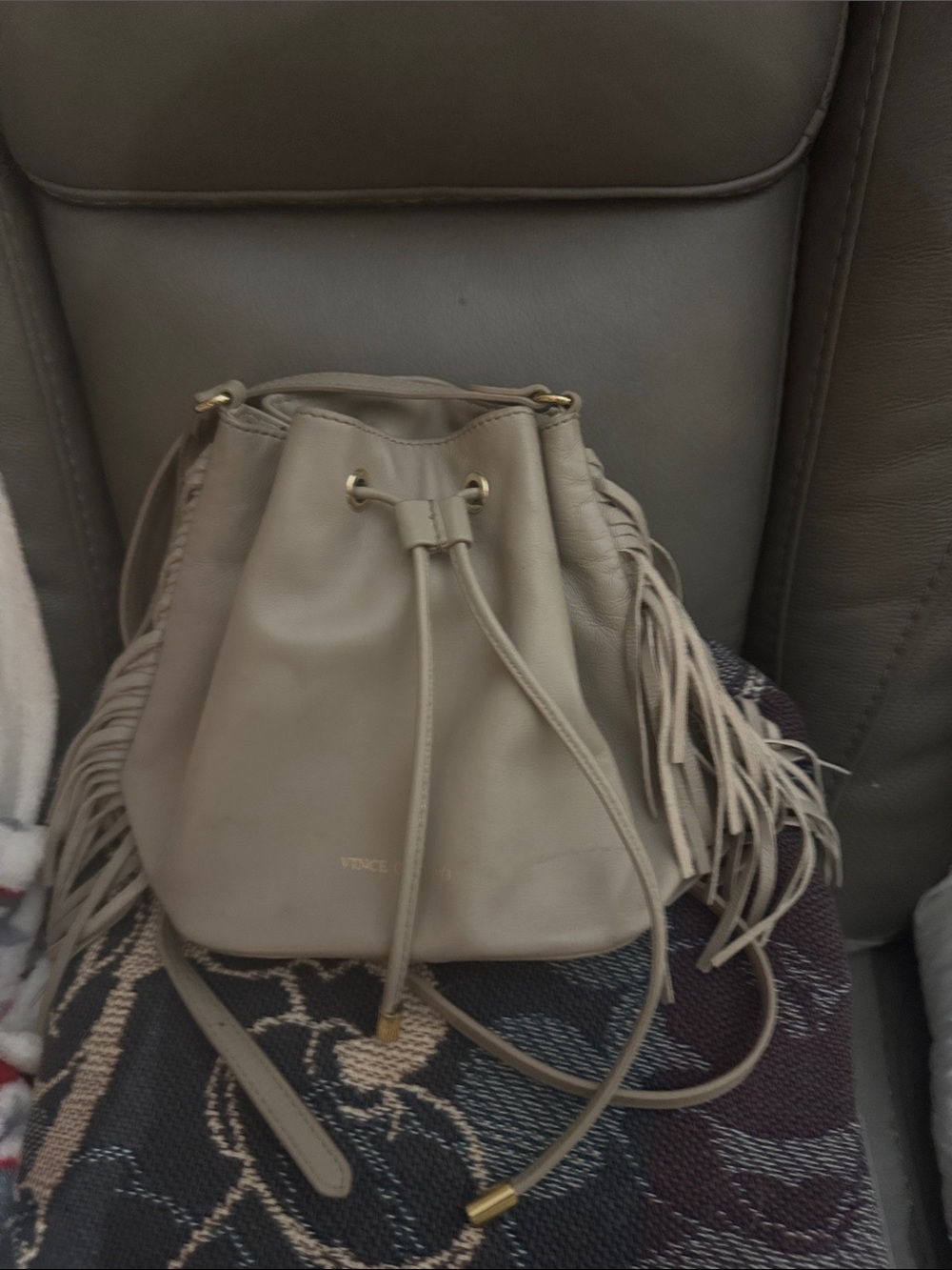 Vince Beige Fringe Drawstring Crossbody Bag